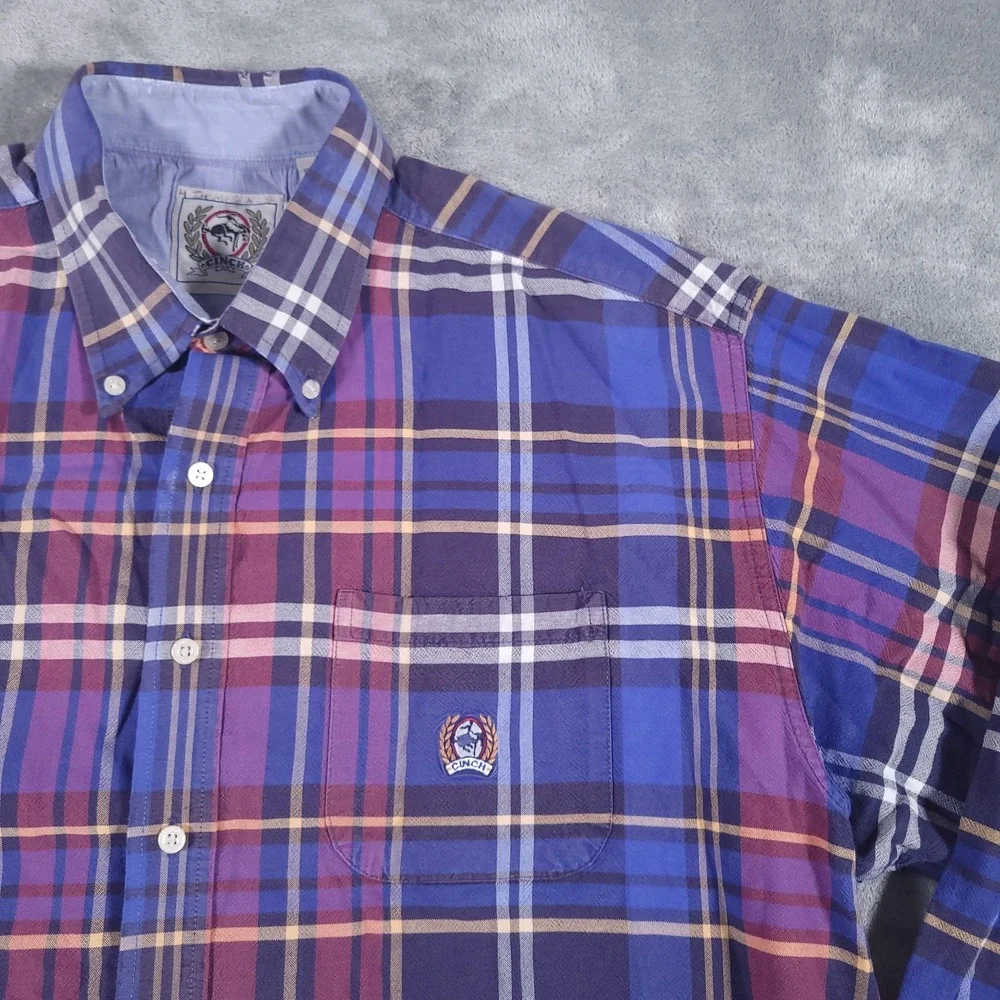 Cinch Shirt Mens 2XL Purple Blue Plaid Button Down Western‎ Rodeo Cowboy Logo